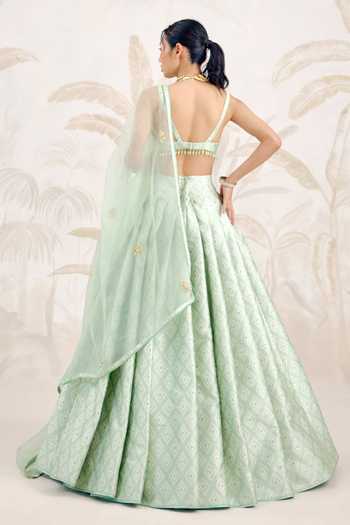 Shop_Shyam Narayan Prasad_Green Silk, Organza, Brocade Zardozi V-neck Work Lehenga Set _at_Aza_Fashions