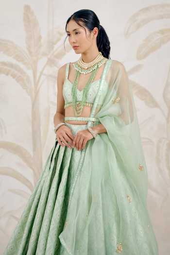 Shyam Narayan Prasad_Green Silk, Organza, Brocade Zardozi V-neck Work Lehenga Set _Online_at_Aza_Fashions