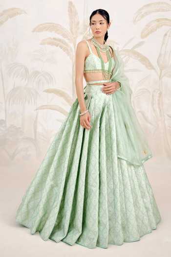 Shop_Shyam Narayan Prasad_Green Silk, Organza, Brocade Zardozi V-neck Work Lehenga Set _Online_at_Aza_Fashions