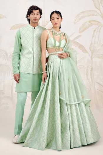Buy_Shyam Narayan Prasad_Green Silk, Organza, Brocade Zardozi V-neck Work Lehenga Set 