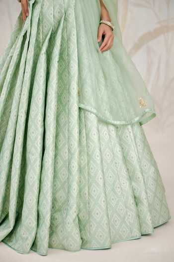 Shop_Shyam Narayan Prasad_Green Silk, Organza, Brocade Zardozi V-neck Work Lehenga Set 