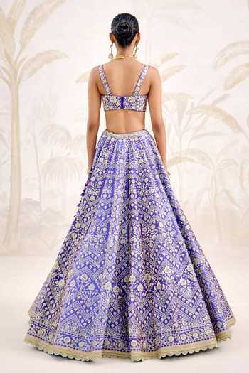 Shop_Shyam Narayan Prasad_Blue Silk Zari Sweetheart Neck Gold Embroidered Lehenga Set _at_Aza_Fashions