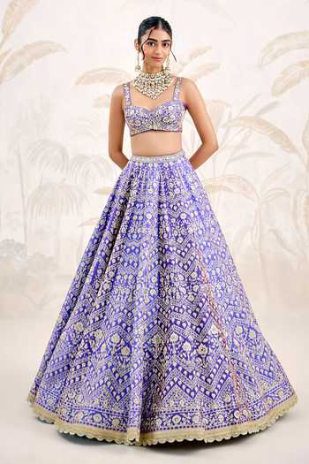 Shyam Narayan Prasad_Blue Silk Zari Sweetheart Neck Gold Embroidered Lehenga Set _Online