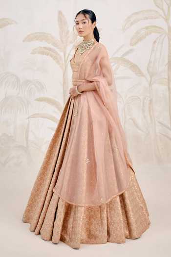 Shyam Narayan Prasad_Coral Silk, Organza, Brocade Embroidery Sweetheart Neck Pleated Lehenga Set _Online_at_Aza_Fashions