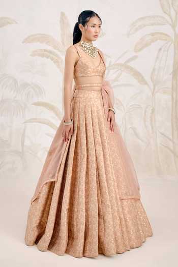 Buy_Shyam Narayan Prasad_Coral Silk, Organza, Brocade Embroidery Sweetheart Neck Pleated Lehenga Set _Online_at_Aza_Fashions