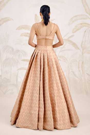 Shop_Shyam Narayan Prasad_Coral Silk, Organza, Brocade Embroidery Sweetheart Neck Pleated Lehenga Set _at_Aza_Fashions