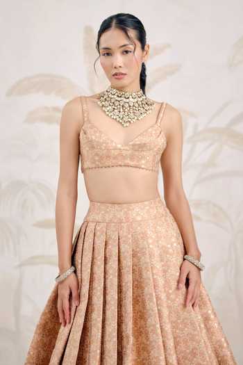 Shop_Shyam Narayan Prasad_Coral Silk, Organza, Brocade Embroidery Sweetheart Neck Pleated Lehenga Set _Online_at_Aza_Fashions