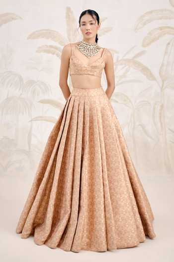 Shyam Narayan Prasad_Coral Silk, Organza, Brocade Embroidery Sweetheart Neck Pleated Lehenga Set _at_Aza_Fashions