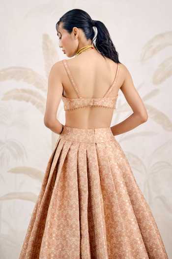 Buy_Shyam Narayan Prasad_Coral Silk, Organza, Brocade Embroidery Sweetheart Neck Pleated Lehenga Set 