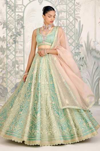 Buy_Shyam Narayan Prasad_Green Silk Zari, Embroidery Round Neck Dori Raw Lehenga Set _at_Aza_Fashions