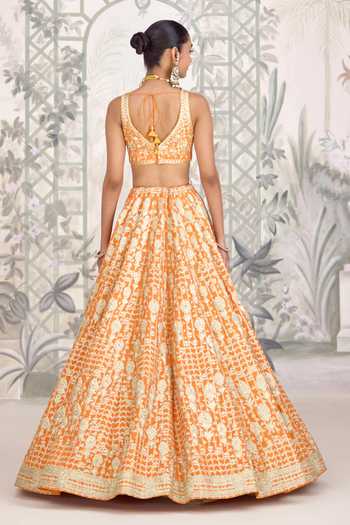 Shop_Shyam Narayan Prasad_Orange Silk Embroidery, Zari Sweetheart Neck Gold Lehenga Set _at_Aza_Fashions