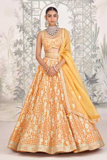 Buy_Shyam Narayan Prasad_Orange Silk Embroidery, Zari Sweetheart Neck Gold Lehenga Set _at_Aza_Fashions