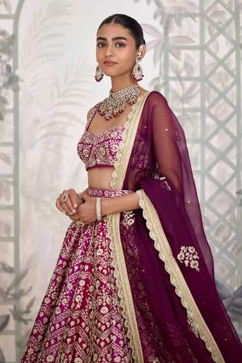 Shyam Narayan Prasad_Maroon Silk Embroidery, Zari Sweetheart Neck Dori Lehenga Set _Online_at_Aza_Fashions