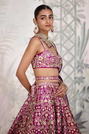 Shyam Narayan Prasad_Maroon Silk Embroidery, Zari Sweetheart Neck Dori Lehenga Set _Online