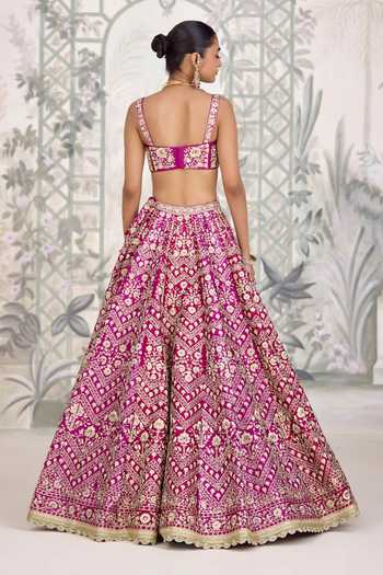 Shop_Shyam Narayan Prasad_Maroon Silk Embroidery, Zari Sweetheart Neck Dori Lehenga Set _at_Aza_Fashions
