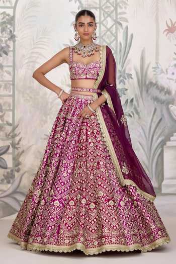 Shop_Shyam Narayan Prasad_Maroon Silk Embroidery, Zari Sweetheart Neck Dori Lehenga Set _Online