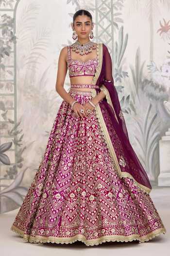 Buy_Shyam Narayan Prasad_Maroon Silk Embroidery, Zari Sweetheart Neck Dori Lehenga Set _at_Aza_Fashions