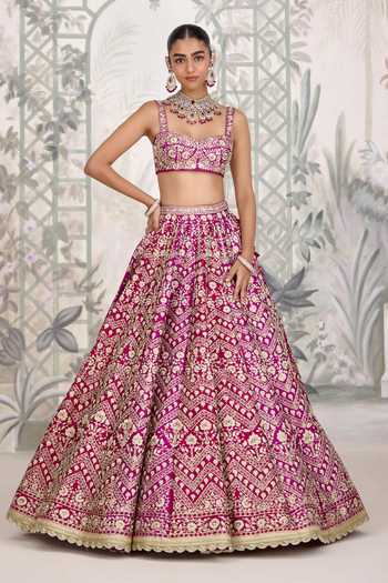 Shyam Narayan Prasad_Maroon Silk Embroidery, Zari Sweetheart Neck Dori Lehenga Set 