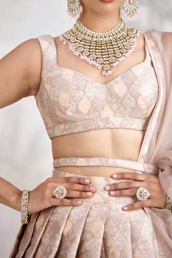 Buy_Shyam Narayan Prasad_Grey Silk, Organza, Brocade Embroidery Banarasi Lehenga Set 