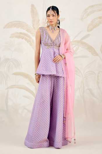 Buy_Shyam Narayan Prasad_Purple Brocade Embroidery V-neck Zardozi Top Sharara Set _at_Aza_Fashions