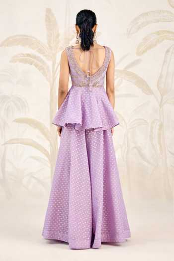 Buy_Shyam Narayan Prasad_Purple Brocade Embroidery V-neck Zardozi Top Sharara Set _Online_at_Aza_Fashions