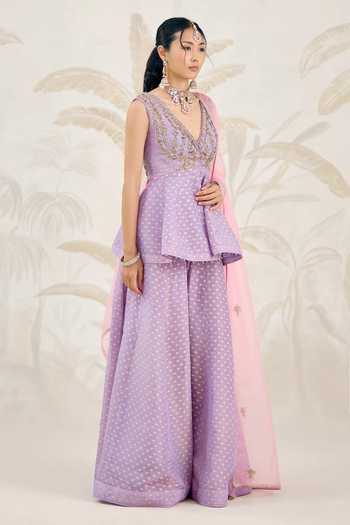 Buy_Shyam Narayan Prasad_Purple Brocade Embroidery V-neck Zardozi Top Sharara Set 