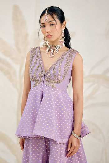 Shop_Shyam Narayan Prasad_Purple Brocade Embroidery V-neck Zardozi Top Sharara Set 
