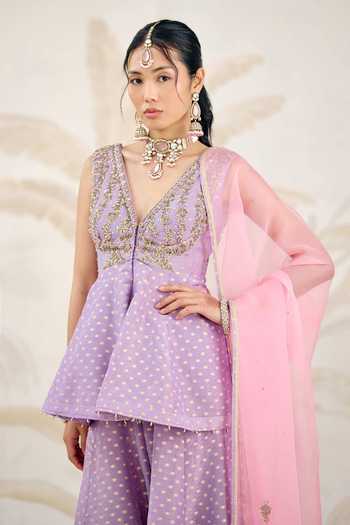 Shyam Narayan Prasad_Purple Brocade Embroidery V-neck Zardozi Top Sharara Set _Online