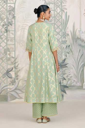 Shop_Shyam Narayan Prasad_Green Organza, Brocade Zari, Stones V-neck Zardozi Embroidered Kurta Pant Set _at_Aza_Fashions