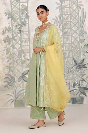 Shop_Shyam Narayan Prasad_Green Organza, Brocade Zari, Stones V-neck Zardozi Embroidered Kurta Pant Set _Online_at_Aza_Fashions