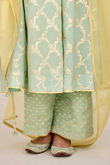 Shop_Shyam Narayan Prasad_Green Organza, Brocade Zari, Stones V-neck Zardozi Embroidered Kurta Pant Set 