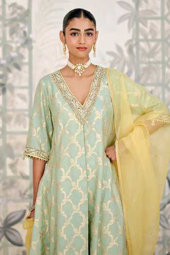Shop_Shyam Narayan Prasad_Green Organza, Brocade Zari, Stones V-neck Zardozi Embroidered Kurta Pant Set _Online