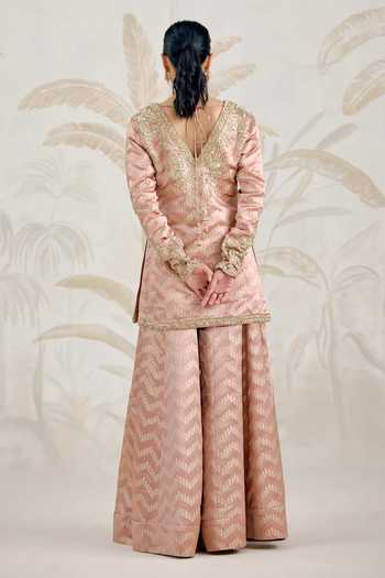 Shop_Shyam Narayan Prasad_Pink Silk, Brocade Embroidery V-neck, Yes Zardozi Kurta Sharara Set _at_Aza_Fashions