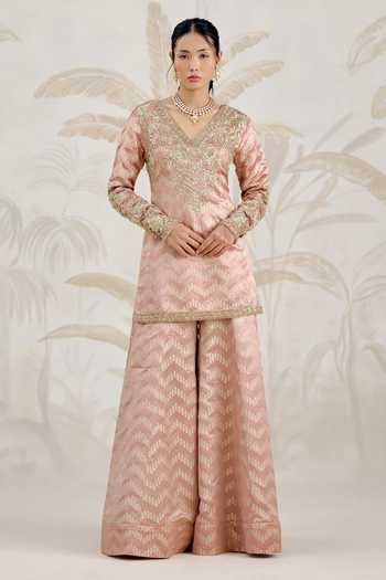 Shop_Shyam Narayan Prasad_Pink Silk, Brocade Embroidery V-neck, Yes Zardozi Kurta Sharara Set _Online_at_Aza_Fashions