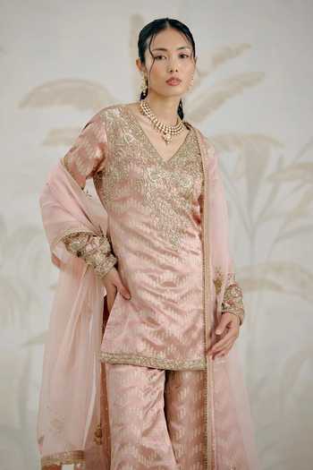 Shop_Shyam Narayan Prasad_Pink Silk, Brocade Embroidery V-neck, Yes Zardozi Kurta Sharara Set 