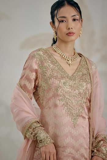 Buy_Shyam Narayan Prasad_Pink Silk, Brocade Embroidery V-neck, Yes Zardozi Kurta Sharara Set _Online