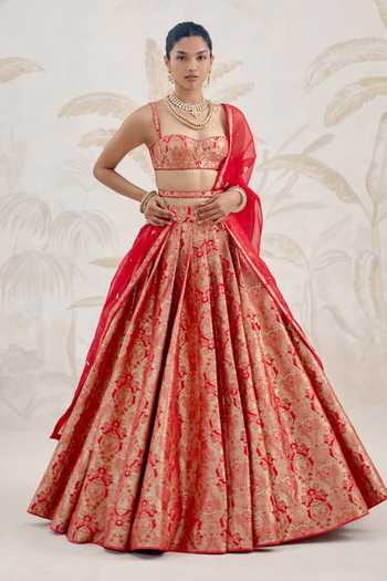 Shop_Shyam Narayan Prasad_Gold Silk, Organza, Brocade Embroidery Sweetheart Neck Floral Woven Lehenga Set _at_Aza_Fashions