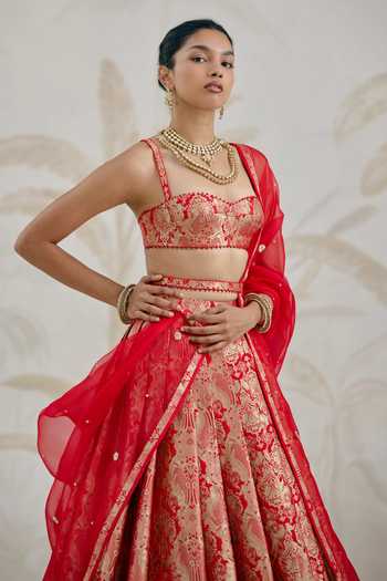 Buy_Shyam Narayan Prasad_Gold Silk, Organza, Brocade Embroidery Sweetheart Neck Floral Woven Lehenga Set _Online_at_Aza_Fashions