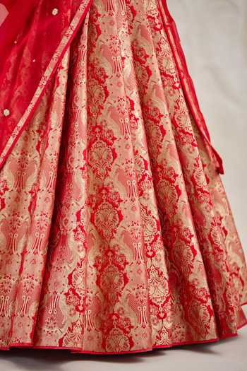Shop_Shyam Narayan Prasad_Gold Silk, Organza, Brocade Embroidery Sweetheart Neck Floral Woven Lehenga Set _Online_at_Aza_Fashions