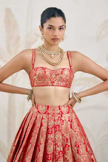 Shyam Narayan Prasad_Gold Silk, Organza, Brocade Embroidery Sweetheart Neck Floral Woven Lehenga Set _at_Aza_Fashions