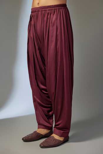 Buy_Salil Bhatia_Wine Silk, Satin, Modal Mirrors Embroidered Kurta Set _Online_at_Aza_Fashions