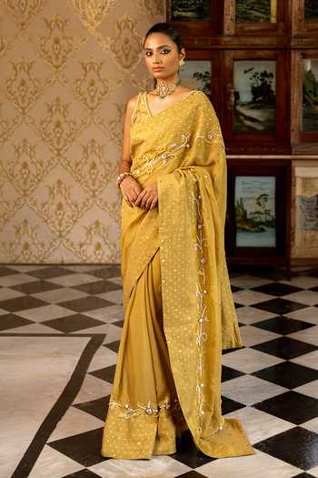 Buy_17:17 By Simmi Saboo_Gold Organza Sequins, Mirrors Patchwork Saree And Bralette Set _at_Aza_Fashions