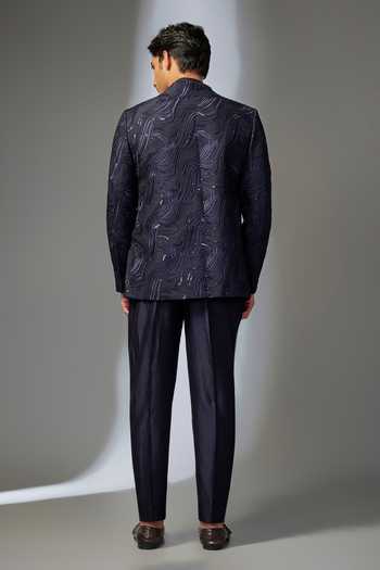 Shop_SALIL BHATIA_Navy Silk, Chanderi Embroidery, Sequins Embellished Sherwani Set _at_Aza_Fashions