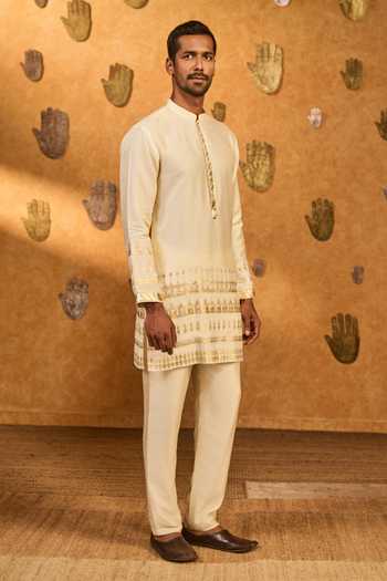 Shop_Masaba_Ivory Silk Gota Patti, Foil Printing Midas Touch Kurta Set _Online_at_Aza_Fashions