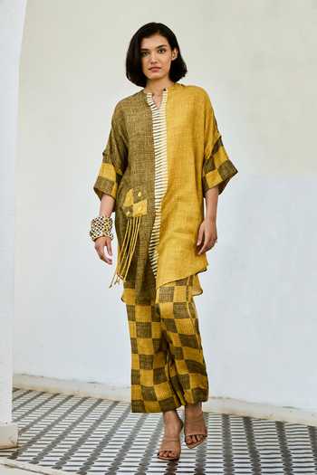 Buy_Basil Leaf_Yellow Silk, Linen Embroidery Mandarin Collar Printed Kurta And Pant Set _at_Aza_Fashions