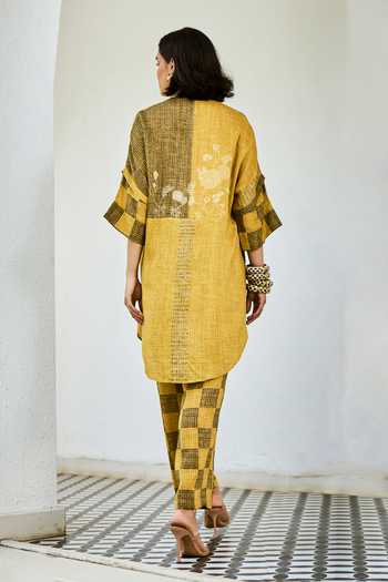 Shop_Basil Leaf_Yellow Silk, Linen Embroidery Mandarin Collar Printed Kurta And Pant Set _at_Aza_Fashions