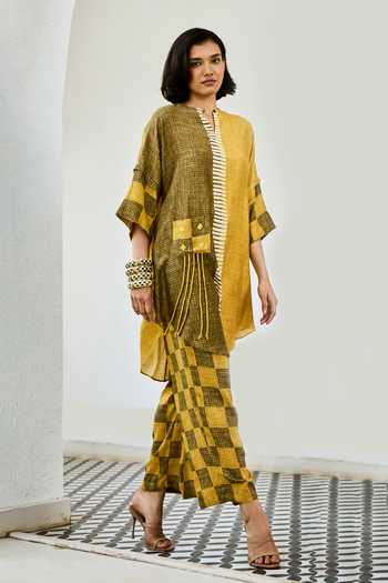 Buy_Basil Leaf_Yellow Silk, Linen Embroidery Mandarin Collar Printed Kurta And Pant Set _Online_at_Aza_Fashions