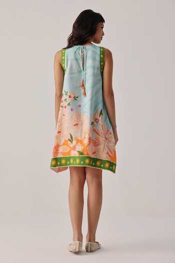 Shop_NOIB_Blue Linen Tassels Round Neck Harper Hand Embroidered Dress _at_Aza_Fashions