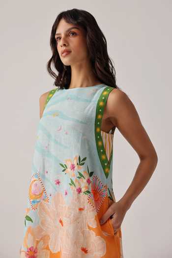 NOIB_Blue Linen Tassels Round Neck Harper Hand Embroidered Dress _Online_at_Aza_Fashions
