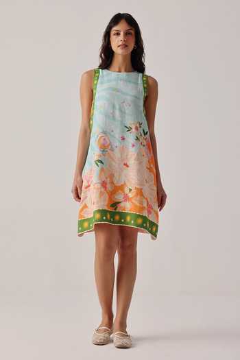 Buy_NOIB_Blue Linen Tassels Round Neck Harper Hand Embroidered Dress _at_Aza_Fashions